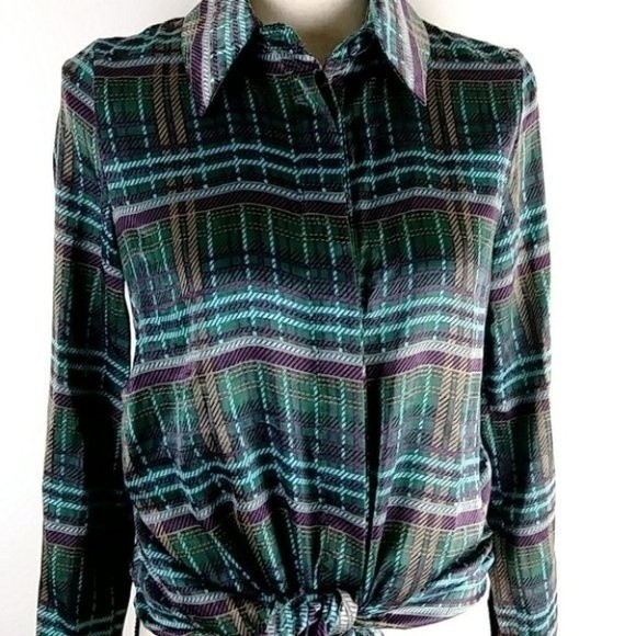J.O.A. Tops - JOA Green Satin Plaid Tie Front Silky Long Sleeve Top